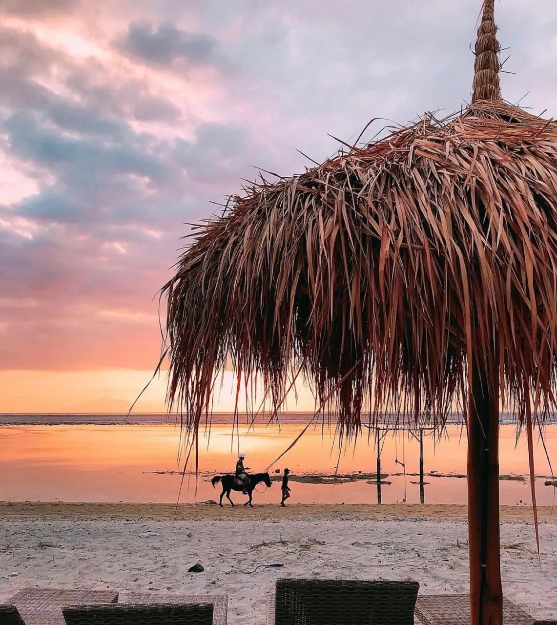 Sunset over the beach in the Gili Islands with a horse walking along the shore
